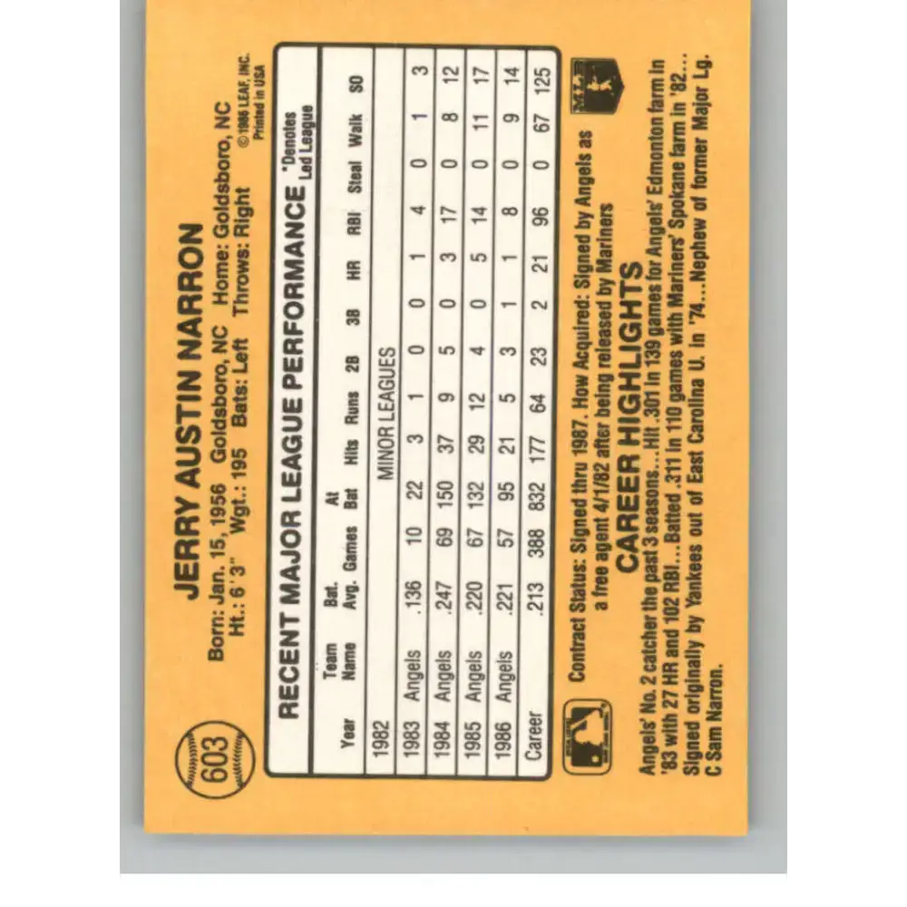 1987 Donruss #603 Jerry Narron EX Excellent California Angels Baseball Card - Baseball Card Single