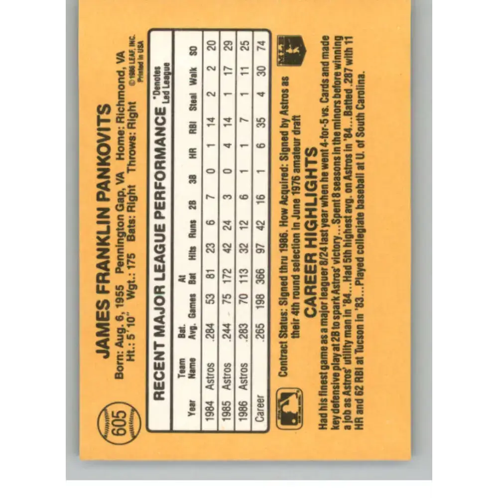 1987 Donruss #605 Jim Pankovits EX Excellent Houston Astros Baseball Card - Baseball Card Single