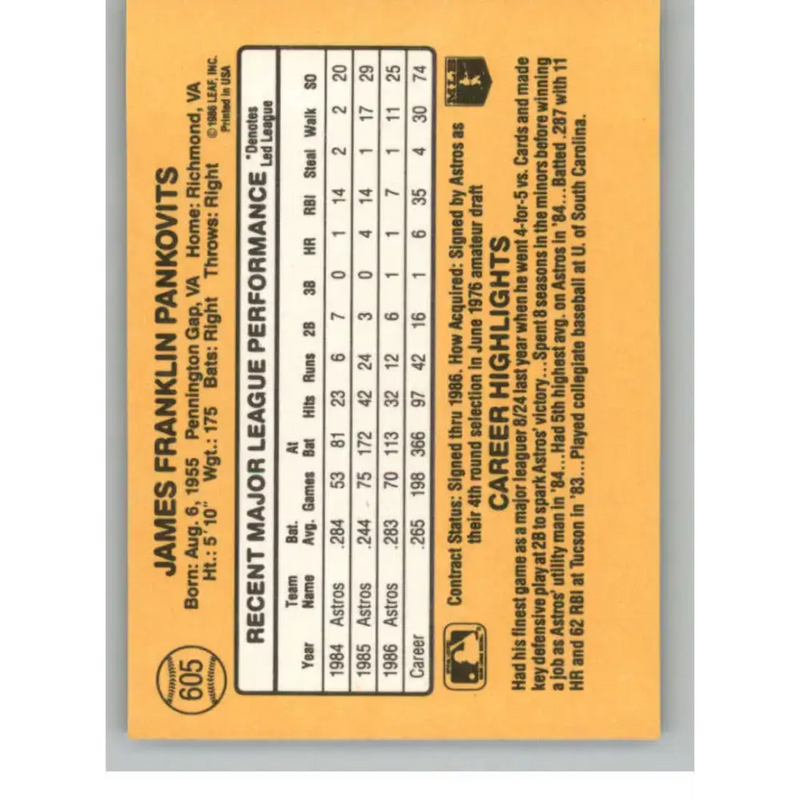 1987 Donruss #605 Jim Pankovits EX Excellent Houston Astros Baseball Card - Baseball Card Single