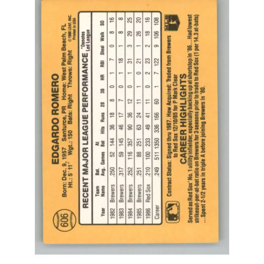 1987 Donruss #606 Ed Romero EX Excellent Boston Red Sox Baseball Card - Baseball Card Single