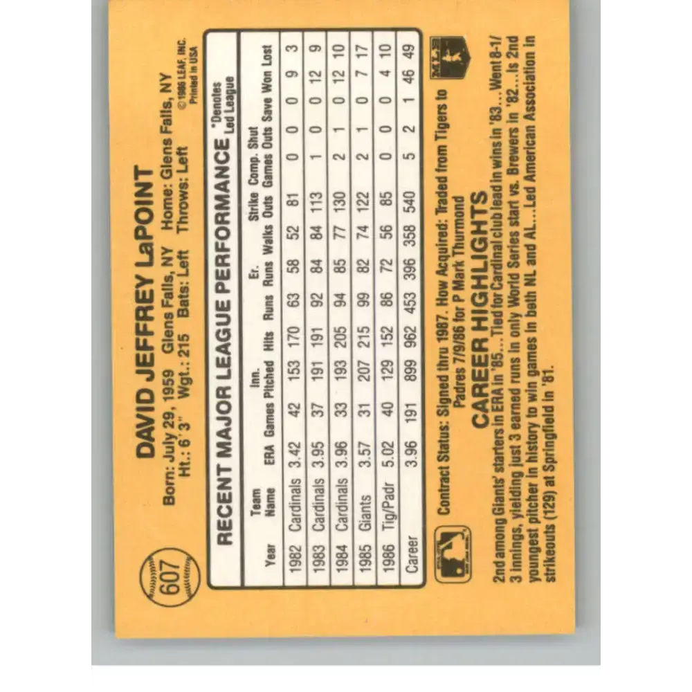 1987 Donruss #607 Dave LaPoint EX Excellent San Diego Padres Baseball Card - Baseball Card Single