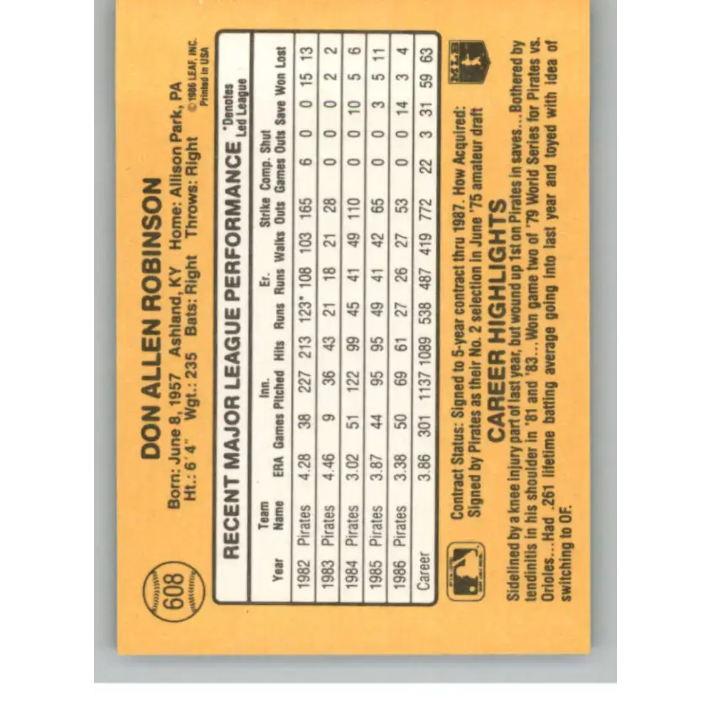 1987 Donruss #608 Don Robinson EX Excellent Pittsburgh Pirates Baseball Card - Baseball Card Single