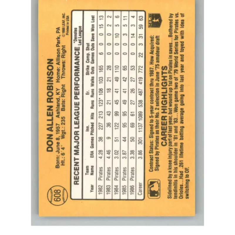 1987 Donruss #608 Don Robinson EX Excellent Pittsburgh Pirates Baseball Card - Baseball Card Single