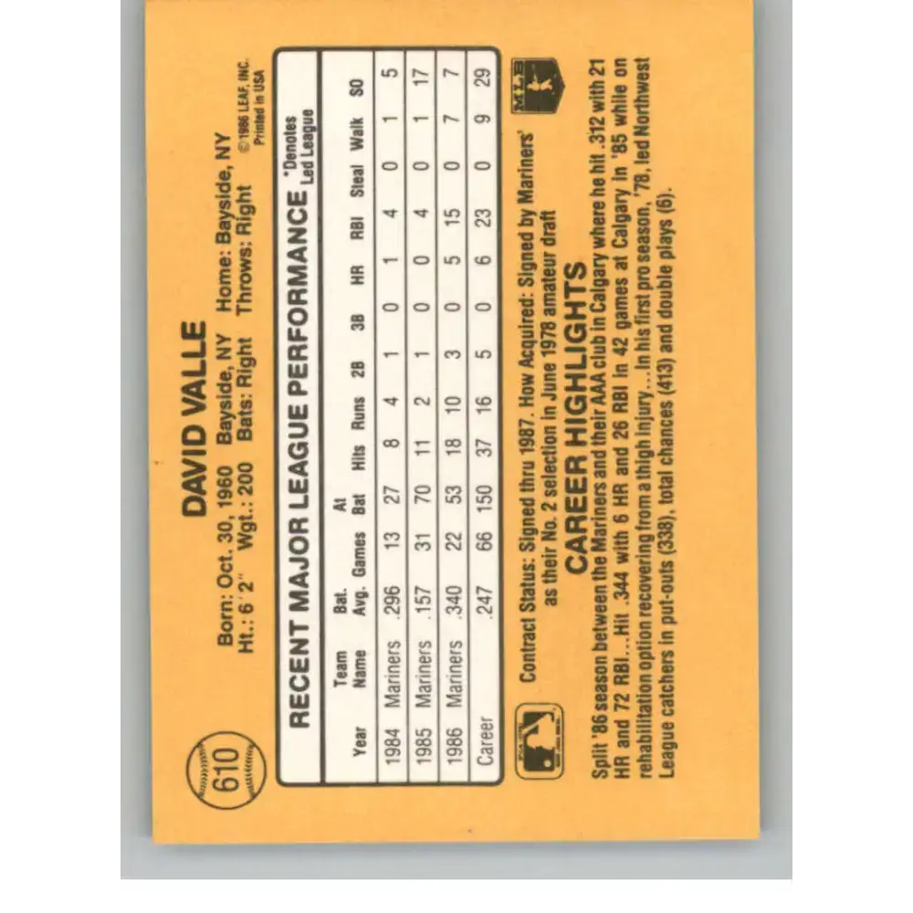 1987 Donruss #610 Dave Valle EX Excellent RC Rookie Seattle Mariners Baseball Card - Baseball Card Single