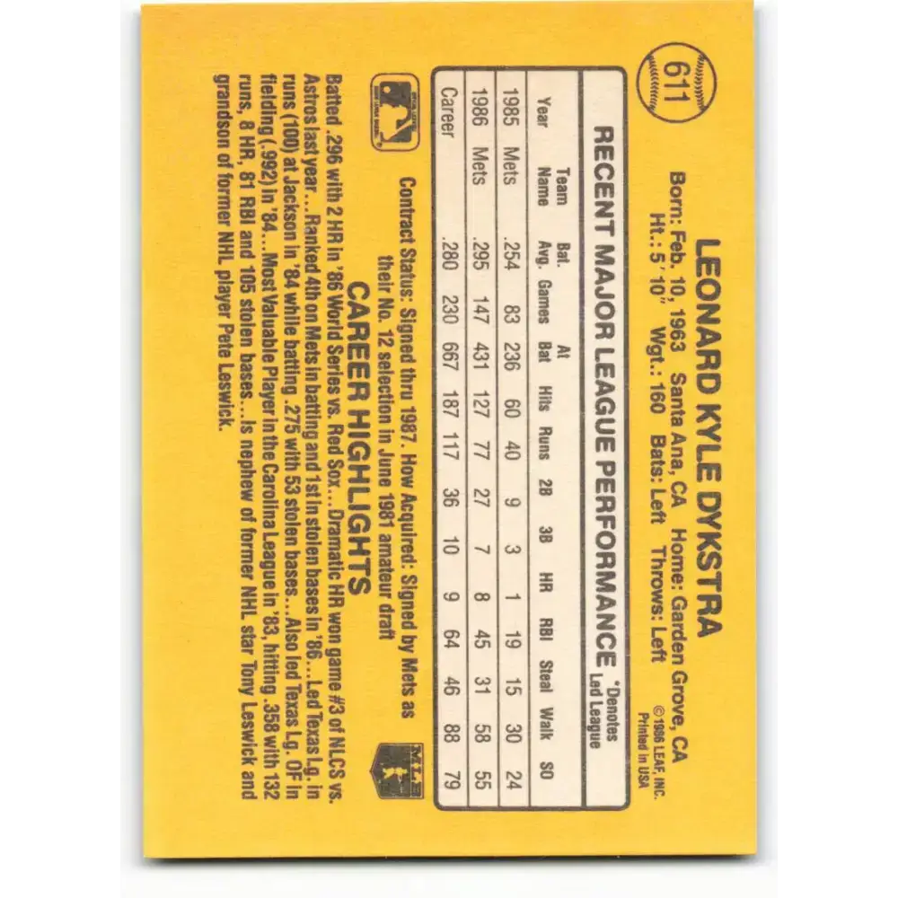 1987 Donruss #611 Lenny Dykstra EX Excellent New York Mets Baseball Card - Baseball Card Single