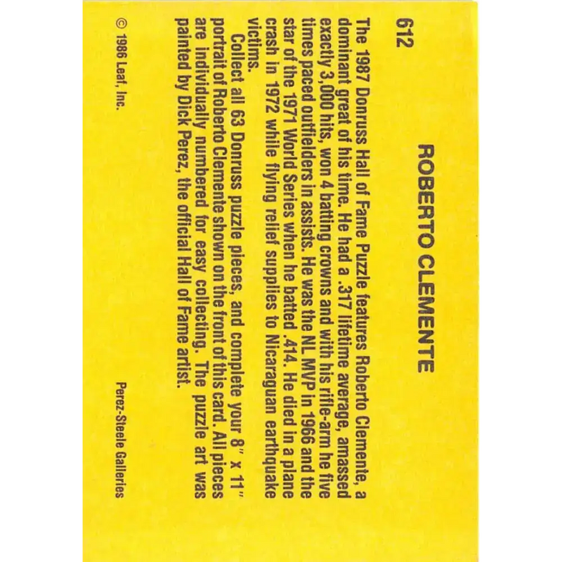 1987 Donruss #612 Roberto Clemente EX Excellent Pittsburgh Pirates Baseball Card - Baseball Card Single