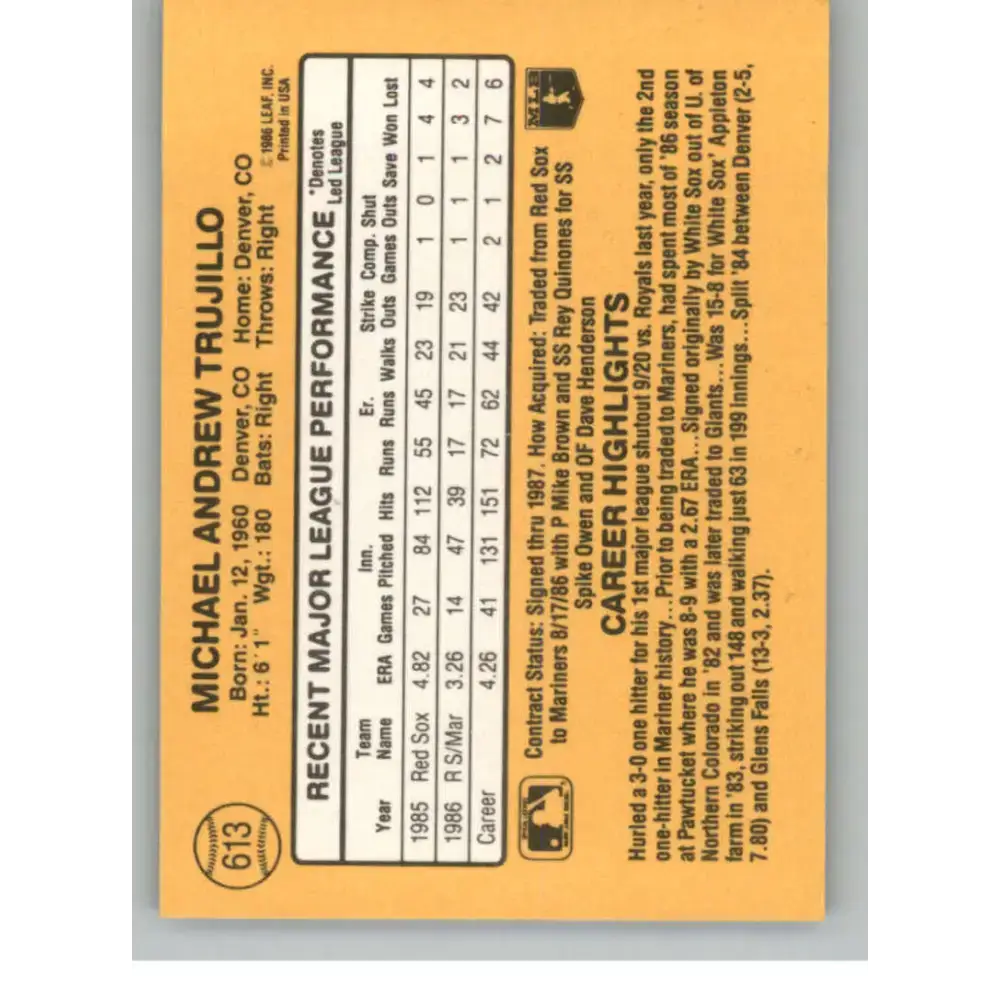 1987 Donruss #613 Mike Trujillo EX Excellent Seattle Mariners Baseball Card - Baseball Card Single
