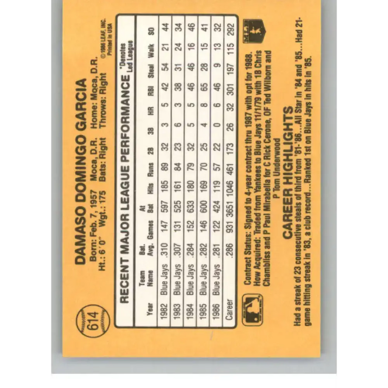 1987 Donruss #614 Damaso Garcia EX Excellent Toronto Blue Jays Baseball Card - Baseball Card Single