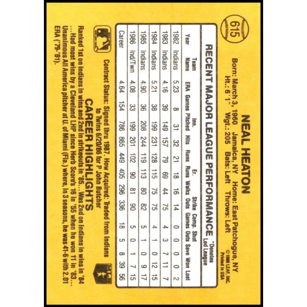1987 Donruss #615 Neal Heaton EX Excellent Minnesota Twins Baseball Card - Baseball Card Single