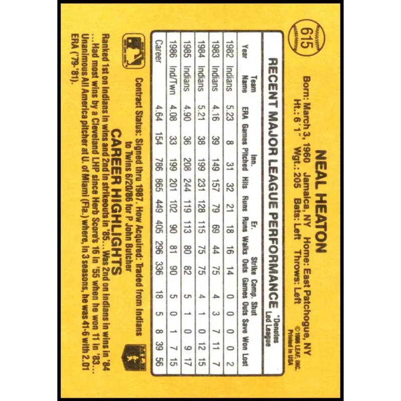 1987 Donruss #615 Neal Heaton EX Excellent Minnesota Twins Baseball Card - Baseball Card Single