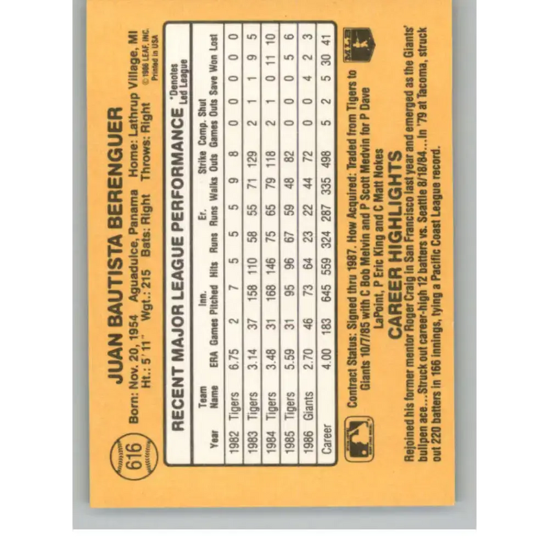 1987 Donruss #616 Juan Berenguer EX Excellent San Francisco Giants Baseball Card - Baseball Card Single