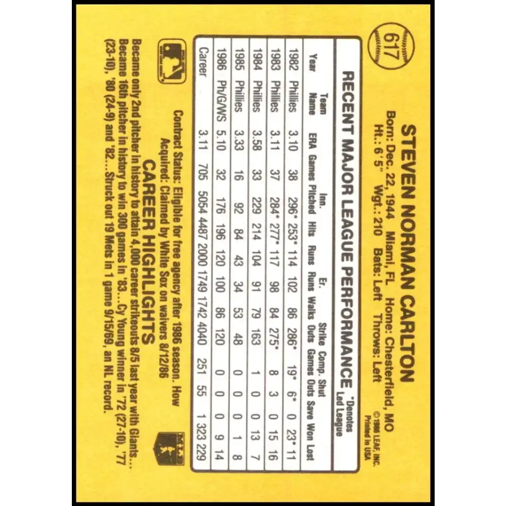 1987 Donruss #617 Steve Carlton EX Excellent Chicago White Sox Baseball Card - Baseball Card Single