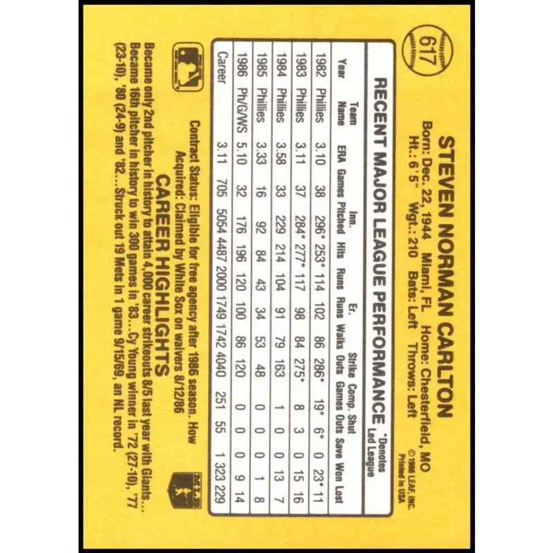 1987 Donruss #617 Steve Carlton EX Excellent Chicago White Sox Baseball Card - Baseball Card Single