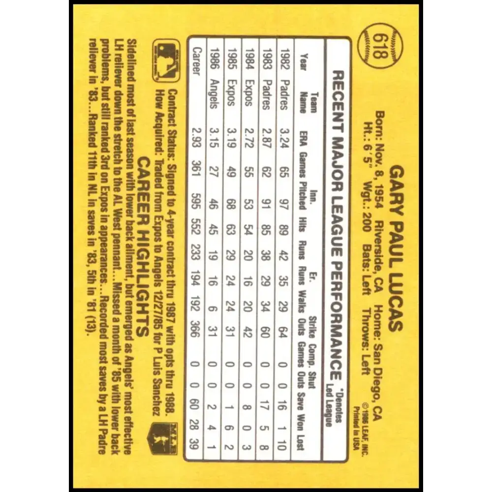 1987 Donruss #618 Gary Lucas EX Excellent California Angels Baseball Card - Baseball Card Single