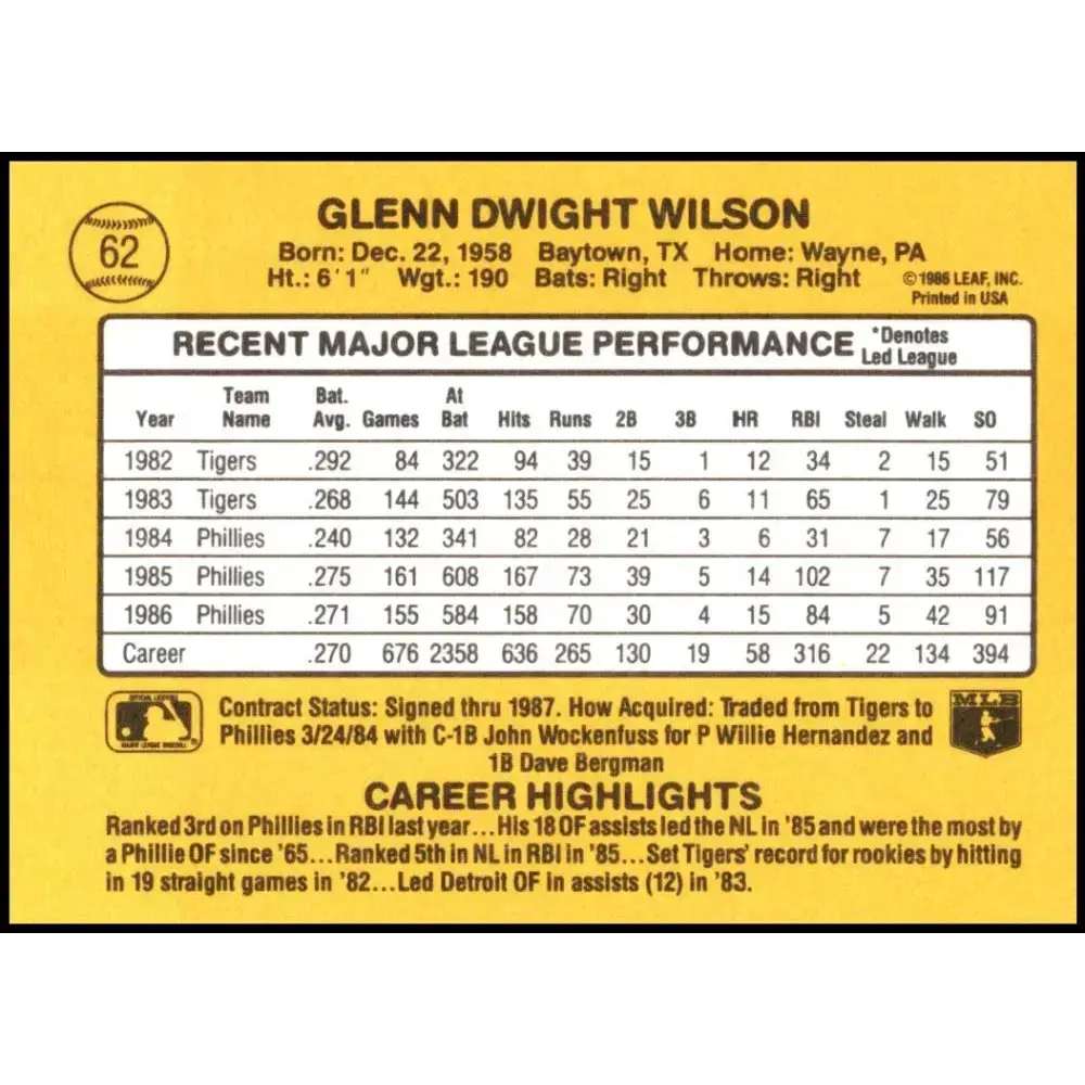 1987 Donruss #62 Glenn Wilson EX Excellent Philadelphia Phillies Baseball Card - Baseball Card Single