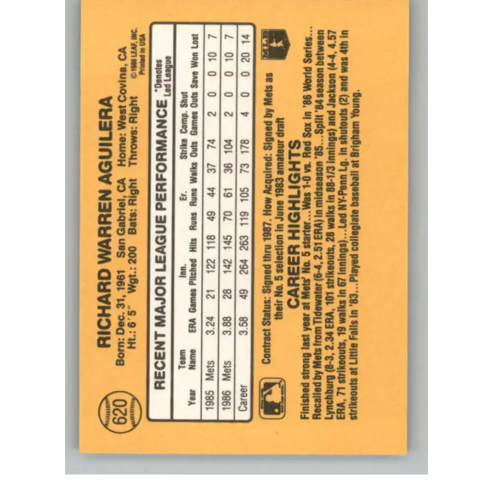 1987 Donruss #620 Rick Aguilera EX Excellent New York Mets Baseball Card - Baseball Card Single