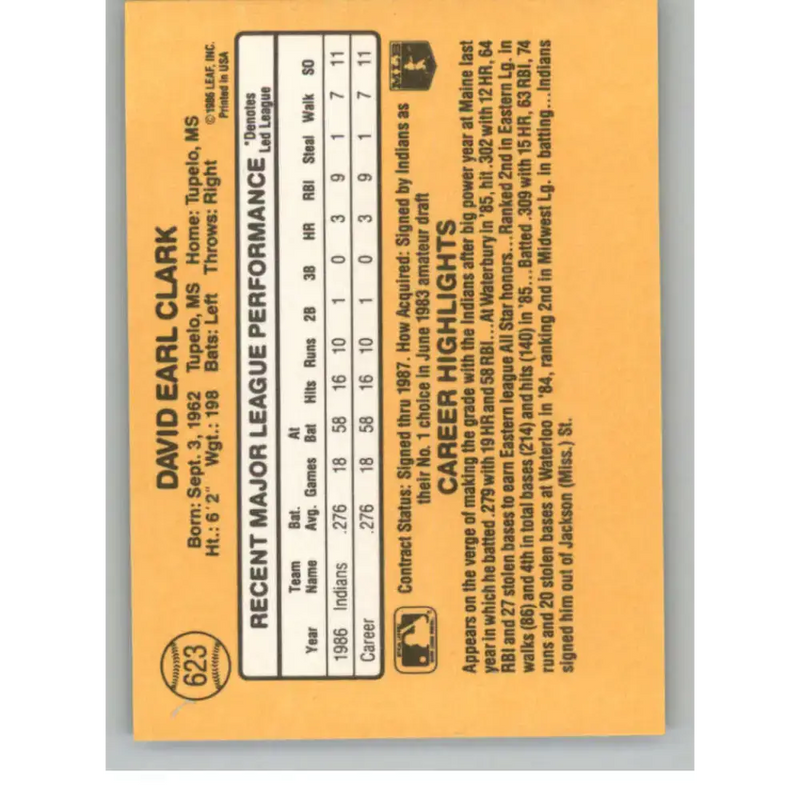 1987 Donruss #623 Dave Clark EX Excellent RC Rookie Cleveland Indians Baseball Card - Baseball Card Single