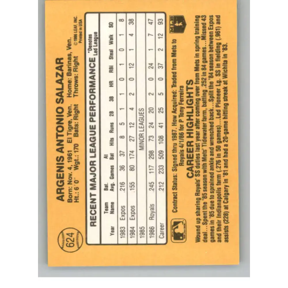 1987 Donruss #624 Angel Salazar EX Excellent Kansas City Royals Baseball Card - Baseball Card Single