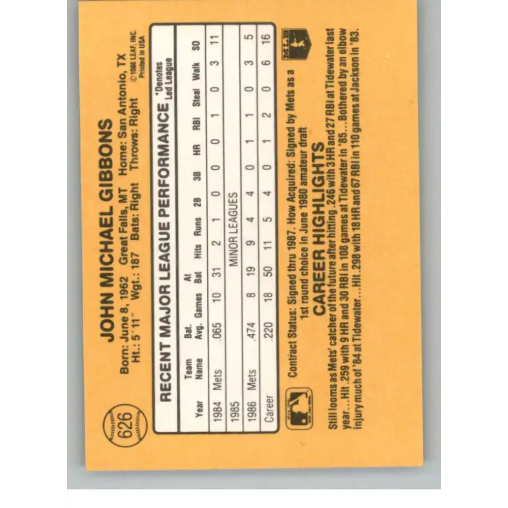 1987 Donruss #626 John Gibbons EX Excellent New York Mets Baseball Card - Baseball Card Single