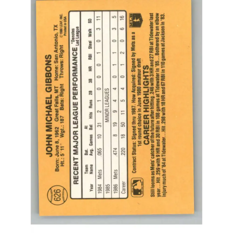 1987 Donruss #626 John Gibbons EX Excellent New York Mets Baseball Card - Baseball Card Single
