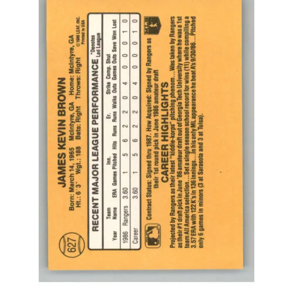 1987 Donruss #627 Kevin Brown EX Excellent RC Rookie Texas Rangers Baseball Card - Baseball Card Single