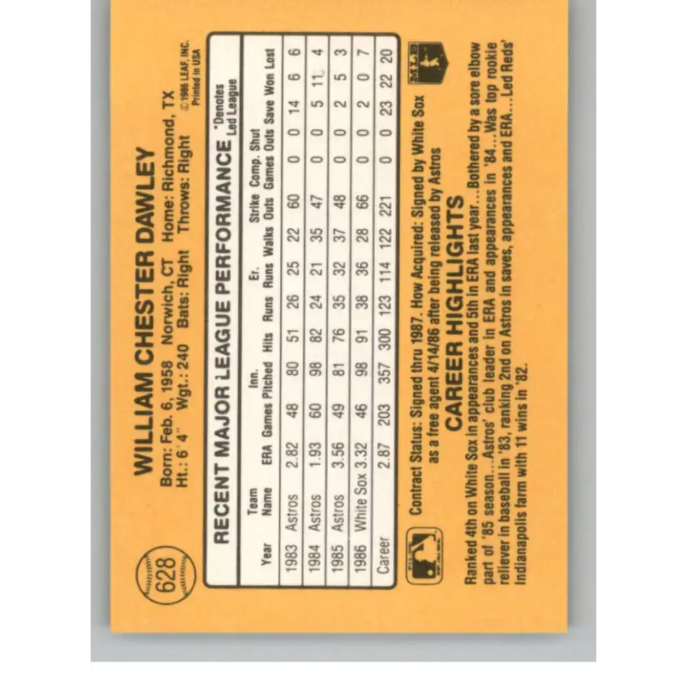 1987 Donruss #628 Bill Dawley EX Excellent Chicago White Sox Baseball Card - Baseball Card Single