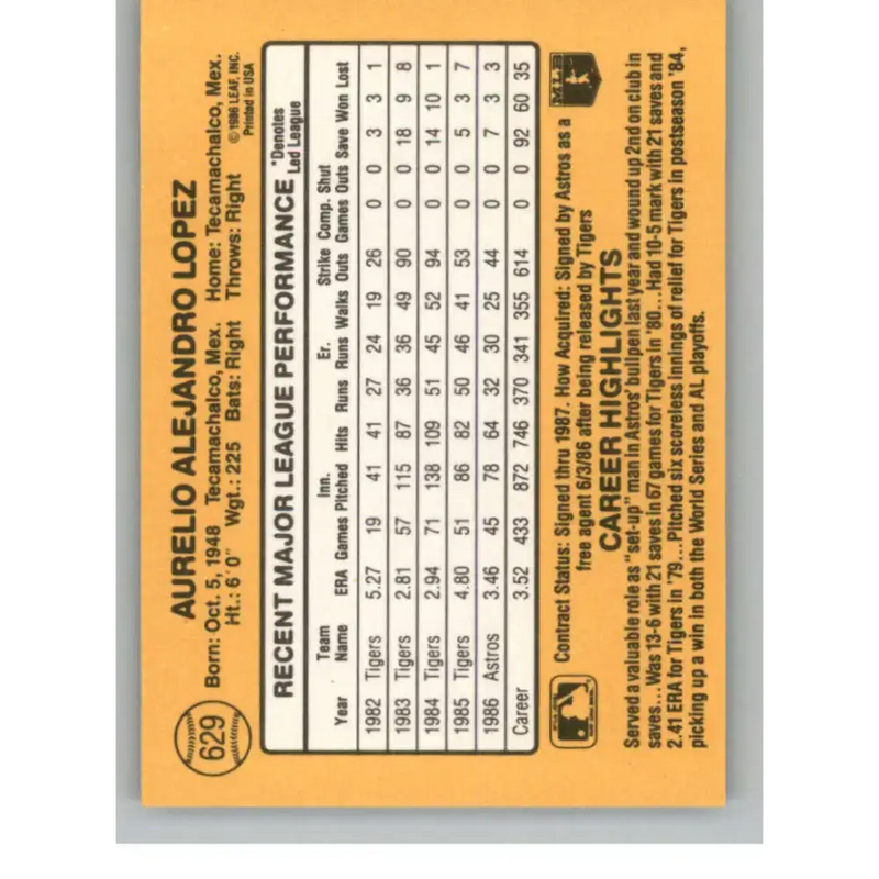 1987 Donruss #629 Aurelio Lopez EX Houston Astros Baseball Card - Baseball Card Single