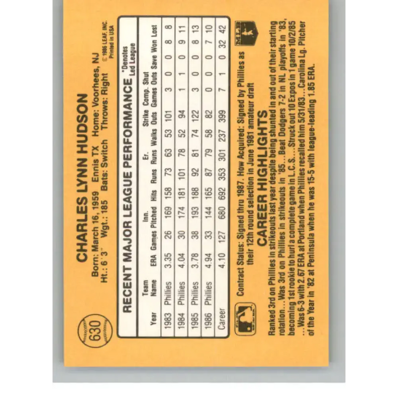 1987 Donruss #630 Charles Hudson EX Excellent Philadelphia Phillies Baseball Card - Baseball Card Single