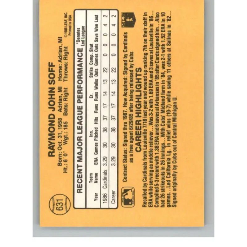 1987 Donruss #631 Ray Soff EX St. Louis Cardinals Baseball Card - Baseball Card Single