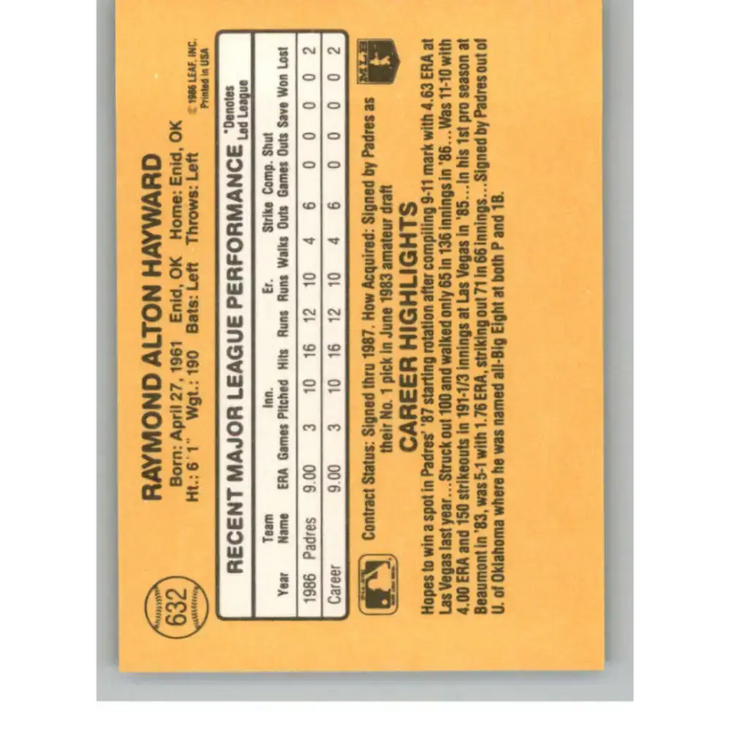 1987 Donruss #632 Ray Hayward EX Excellent RC Rookie San Diego Padres Baseball Card - Baseball Card Single