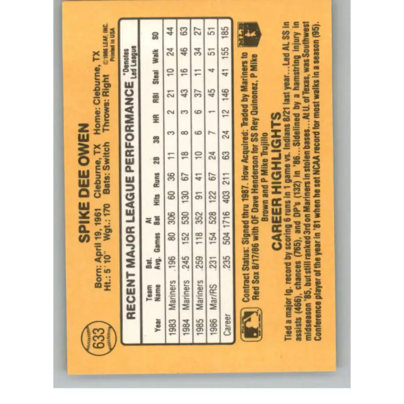 1987 Donruss #633 Spike Owen EX Excellent Boston Red Sox Baseball Card - Baseball Card Single