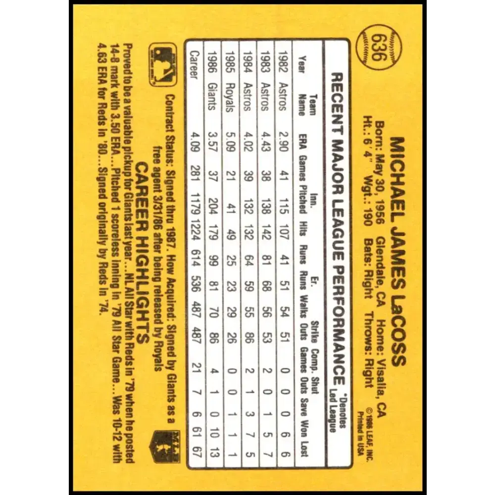 1987 Donruss #636 Mike LaCoss EX Excellent San Francisco Giants Baseball Card - Baseball Card Single