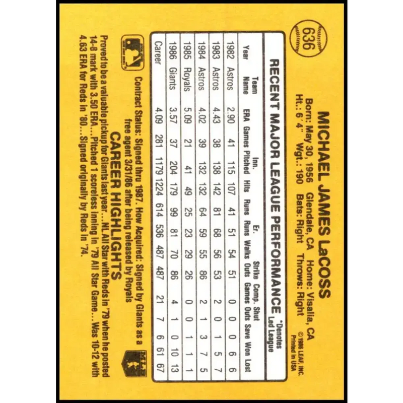 1987 Donruss #636 Mike LaCoss EX Excellent San Francisco Giants Baseball Card - Baseball Card Single
