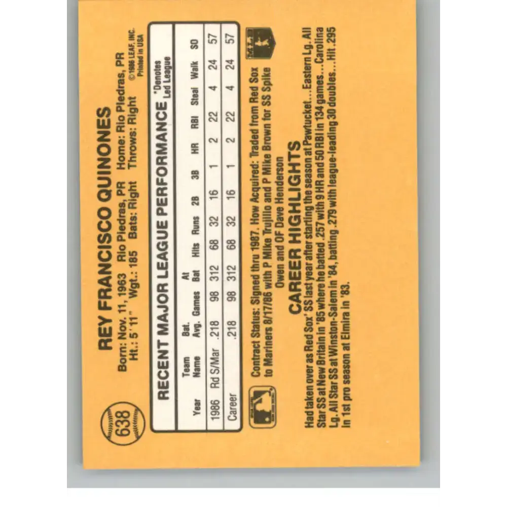 1987 Donruss #638 Rey Quinones EX Excellent Seattle Mariners Baseball Card - Baseball Card Single