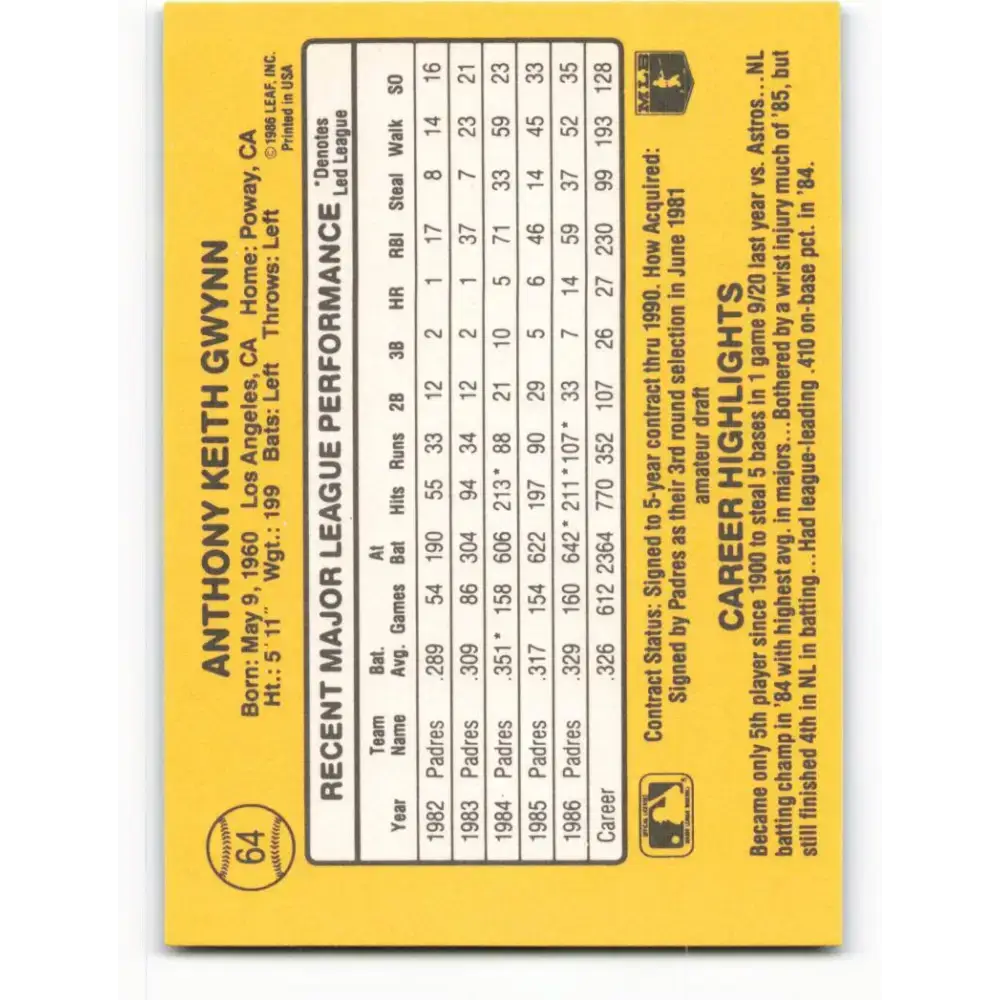 1987 Donruss #64 Tony Gwynn EX Excellent San Diego Padres Baseball Card - Baseball Card Single