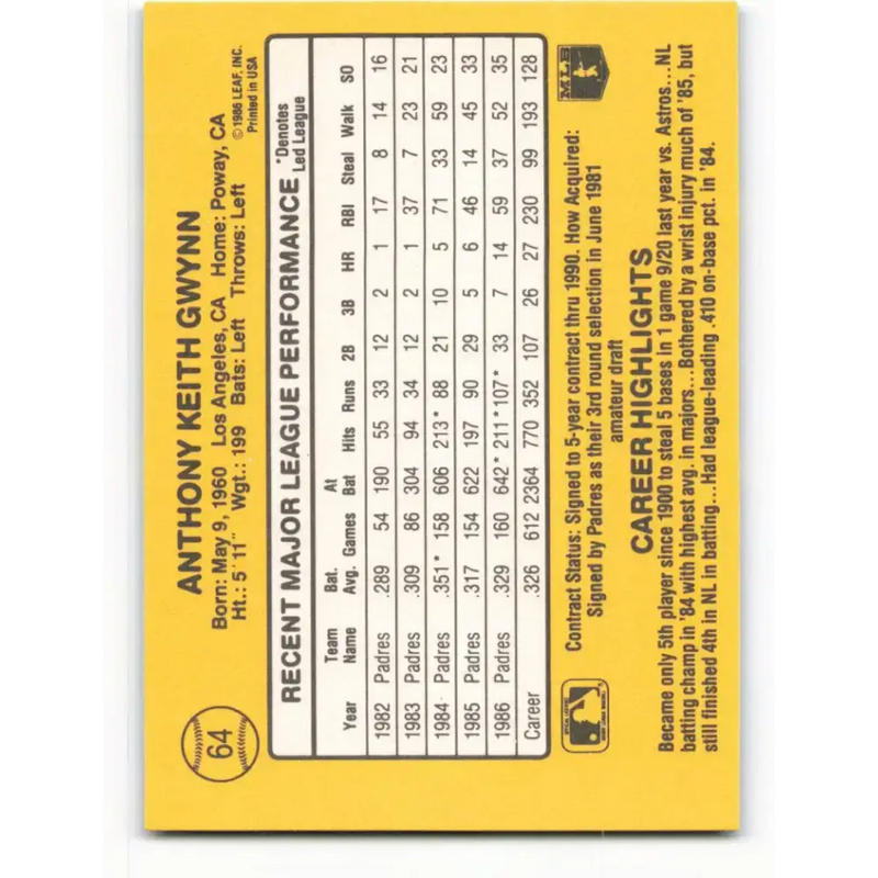 1987 Donruss #64 Tony Gwynn EX Excellent San Diego Padres Baseball Card - Baseball Card Single