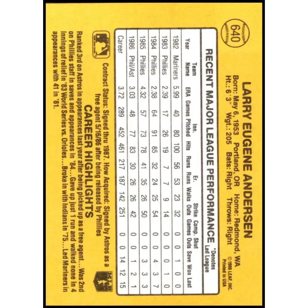 1987 Donruss #640 Larry Andersen EX Excellent Houston Astros Baseball Card - Baseball Card Single