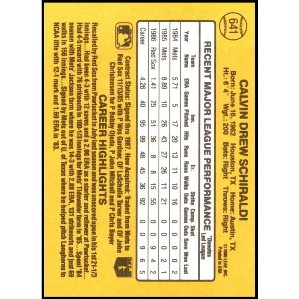 1987 Donruss #641 Calvin Schiraldi EX Excellent Boston Red Sox Baseball Card - Baseball Card Single