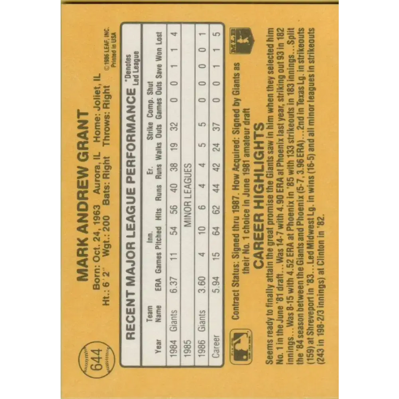 1987 Donruss #644 Mark Grant EX Excellent San Francisco Giants Baseball Card - Baseball Card Single