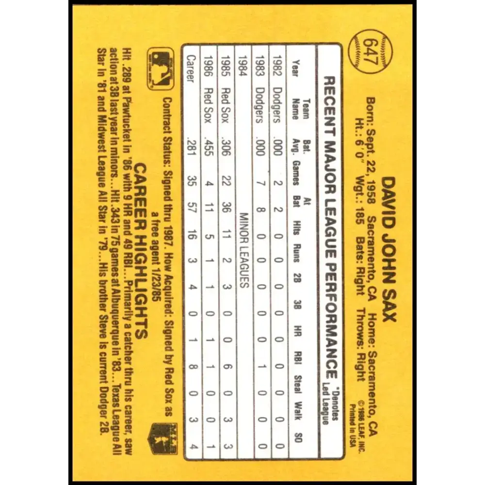 1987 Donruss #647 Dave Sax EX Excellent Boston Red Sox Baseball Card - Baseball Card Single