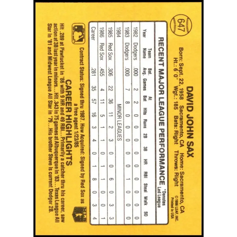 1987 Donruss #647 Dave Sax EX Excellent Boston Red Sox Baseball Card - Baseball Card Single