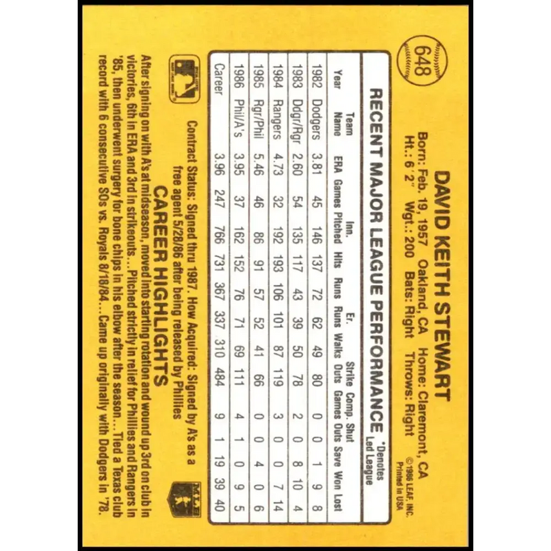 1987 Donruss #648 Dave Stewart EX Excellent Oakland Athletics Baseball Card