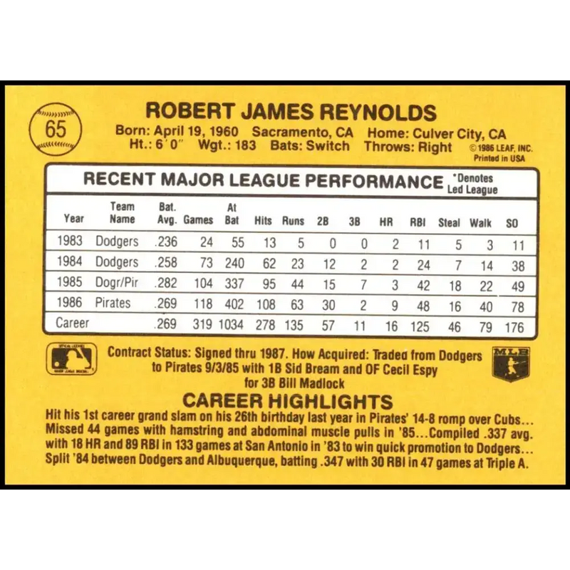 1987 Donruss #65 R.J. Reynolds EX Pittsburgh Pirates Baseball Card - Baseball Card Single