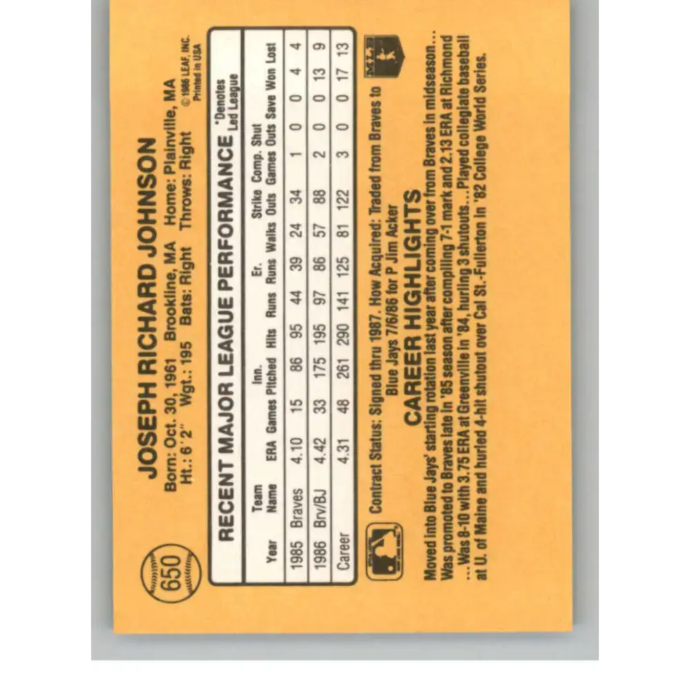 1987 Donruss #650 Joe Johnson EX Excellent Toronto Blue Jays Baseball Card - Baseball Card Single