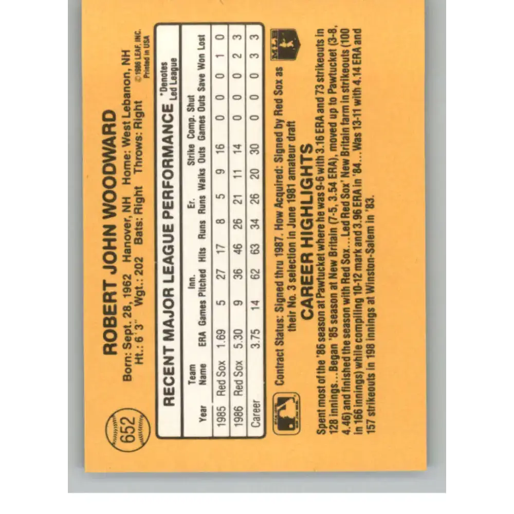1987 Donruss #652 Rob Woodward EX Excellent Boston Red Sox Baseball Card - Baseball Card Single