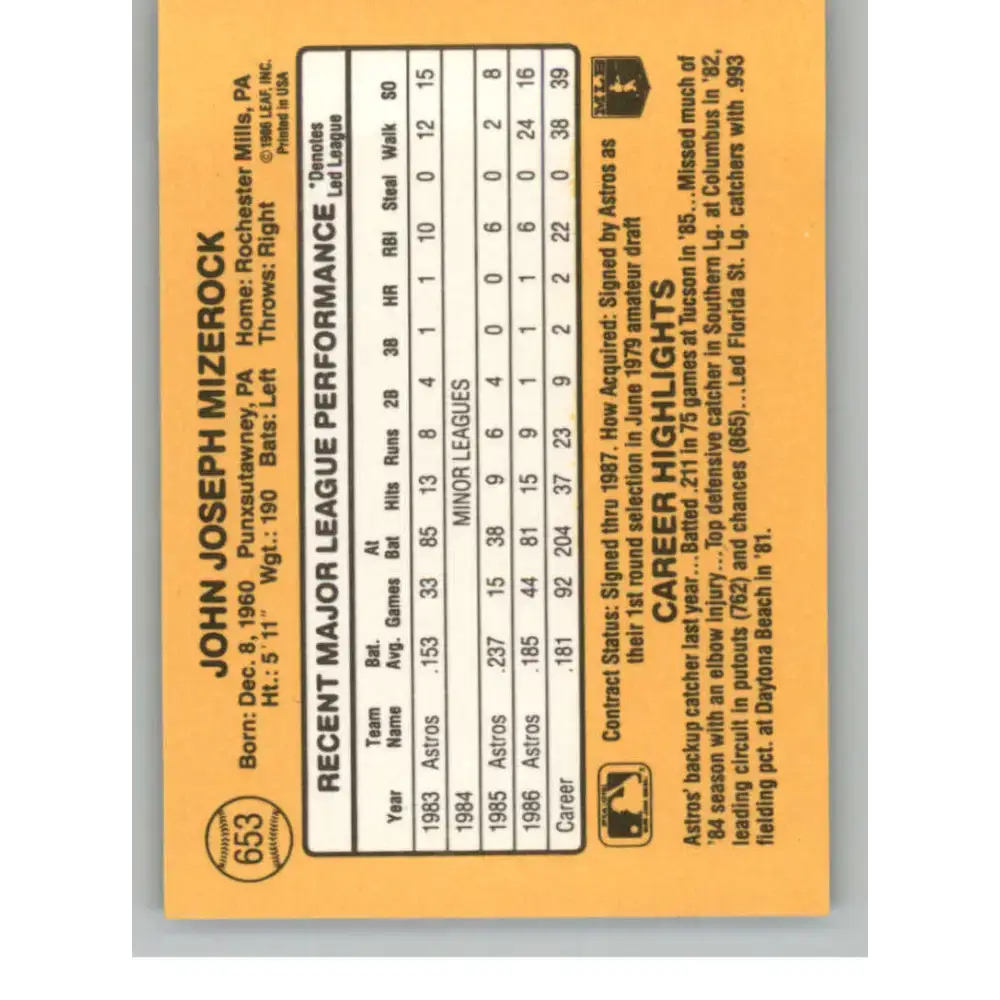1987 Donruss #653 John Mizerock EX Excellent Houston Astros Baseball Card - Baseball Card Single