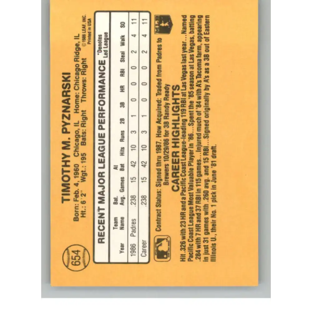 1987 Donruss #654 Tim Pyznarski EX Excellent San Diego Padres Baseball Card - Baseball Card Single