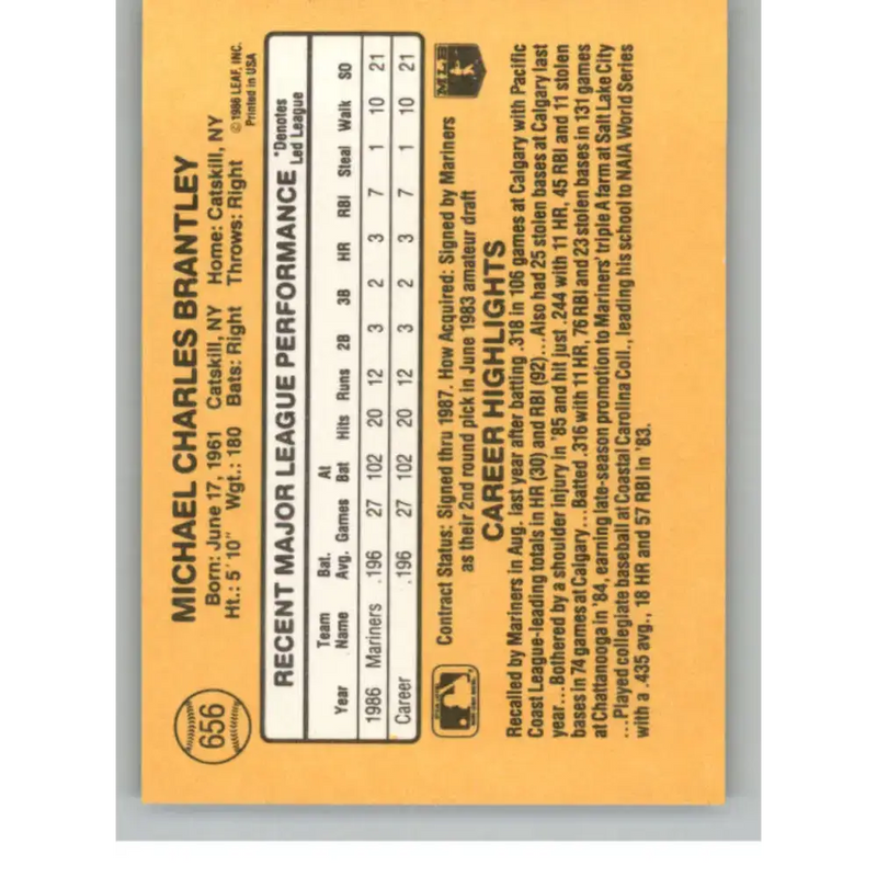 1987 Donruss #656 Mickey Brantley EX Excellent Seattle Mariners Baseball Card - Baseball Card Single
