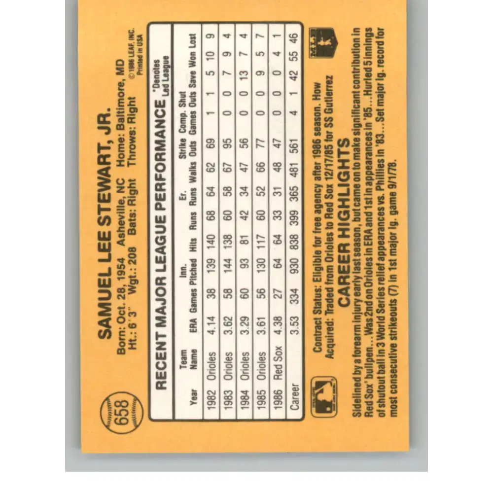 1987 Donruss #658 Sammy Stewart EX Excellent Boston Red Sox Baseball Card - Baseball Card Single