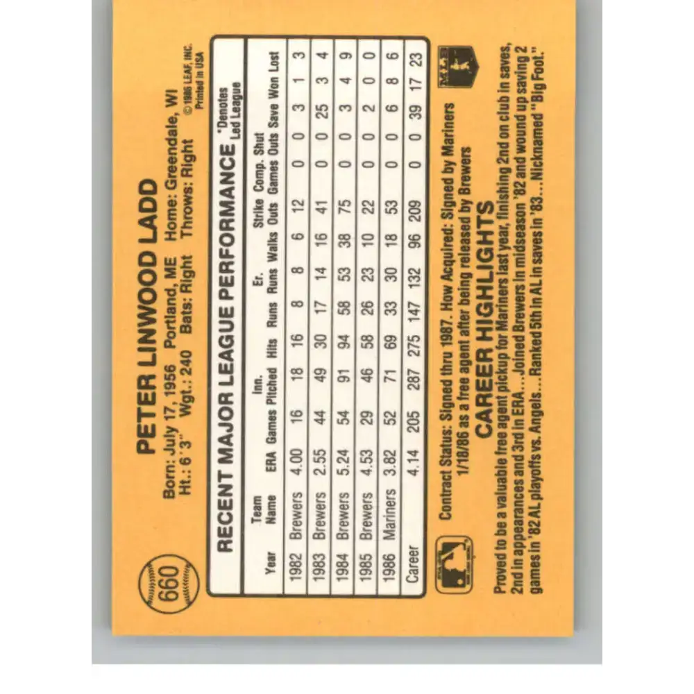1987 Donruss #660 Pete Ladd EX Excellent Seattle Mariners Baseball Card - Baseball Card Single